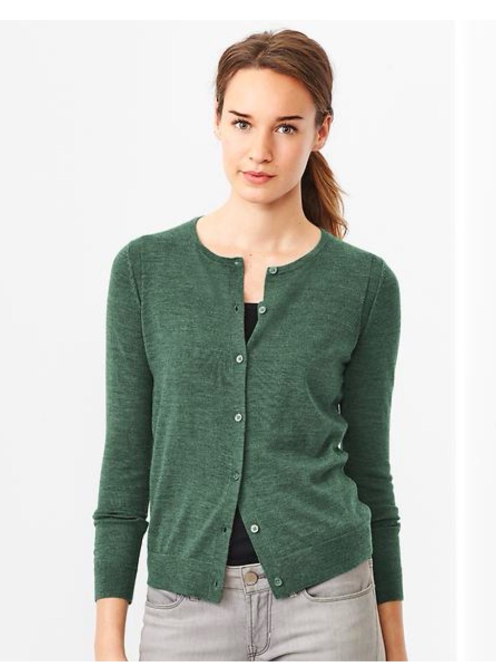 Gap Crewneck Extra Fine Merino Wool Sweater Cardigan Green Heather M slim fit